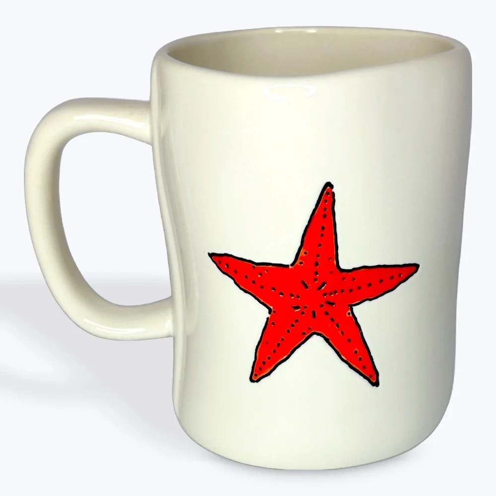 RAE DUNN SUPER STAR White Ceramic double sided mug with red starfish